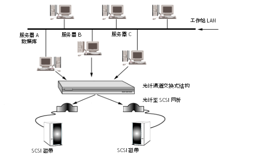 使用 FC-SW 的 SAN Shared Storage Option 示例