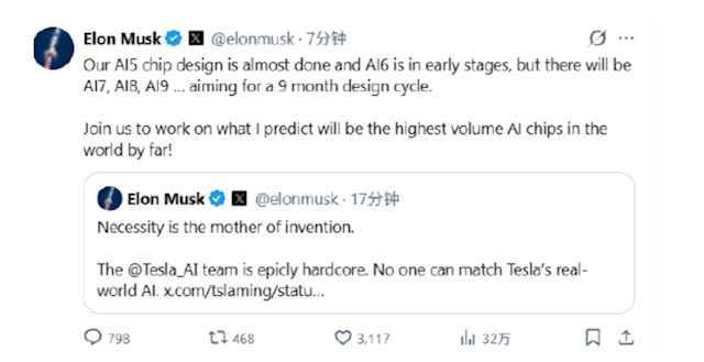 马斯克公布AI 处理器发布路线图，计划打造全球产量最高的芯片